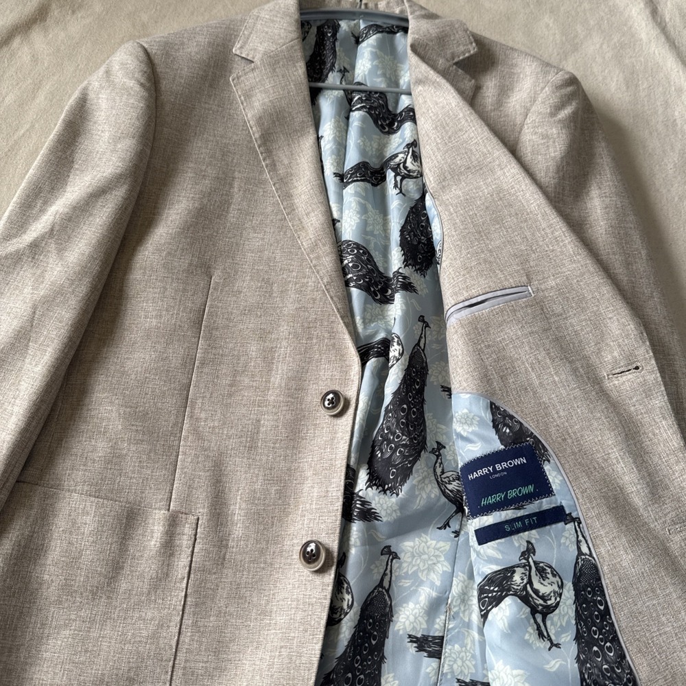 Harry Brown London Blazer Mens Slim Fit Two Button Suit Jacket 40R Beige NWOT